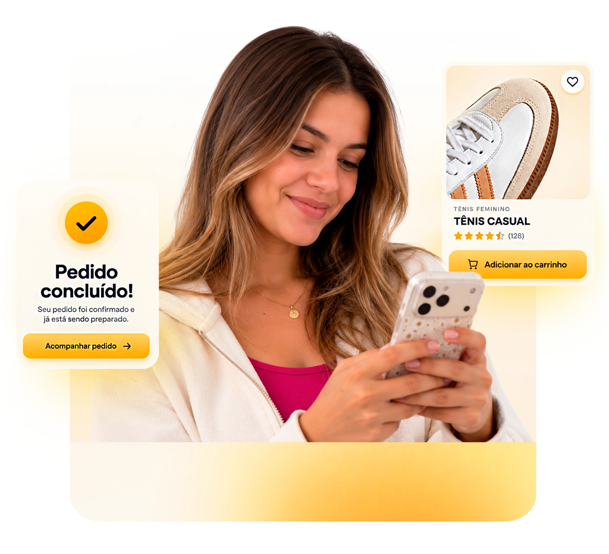 Mulher comprando um calçado pelo celular, com ilustrações de produto e pedido concluído